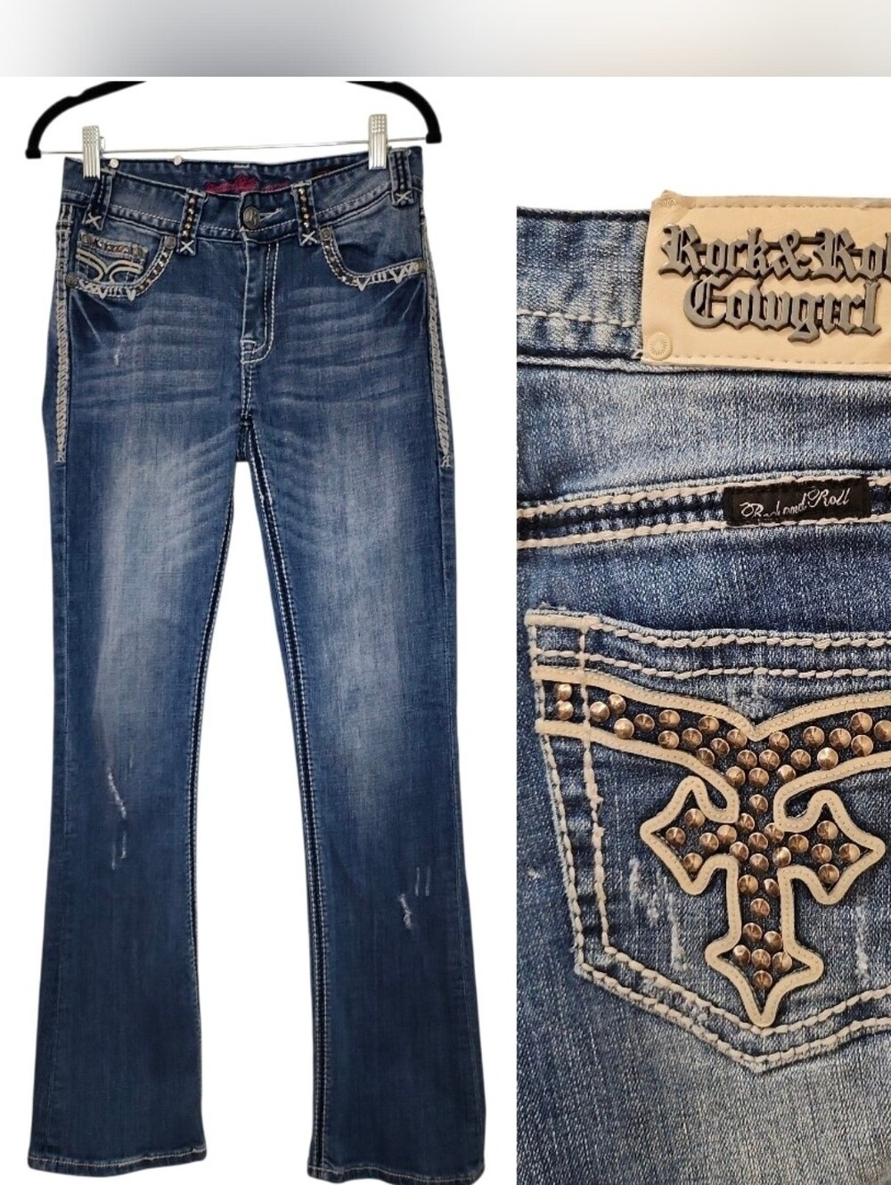 Rock & Roll Cowgirl Y2K Women's Dark Blue Studded Bootcut Jeans Size 27 - Picture 5 of 16